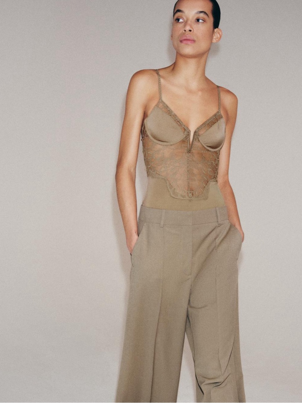 Zara Olive Lace-Panel Bodysuit - Picture 2 of 6